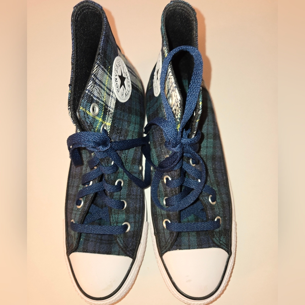 Converse Blue and Green Plaid High Top Sneakers, 5.5 Big Kids